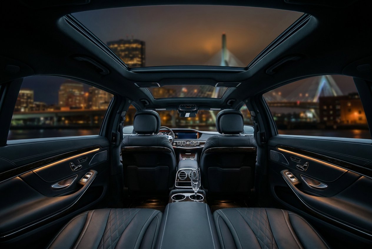 Interior of a Phantasm vehicle — panoramic roof framing the Boston skyline at twilight.